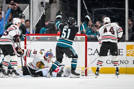 San Jose Sharks forward Collin Graf celebrates scoring a goal