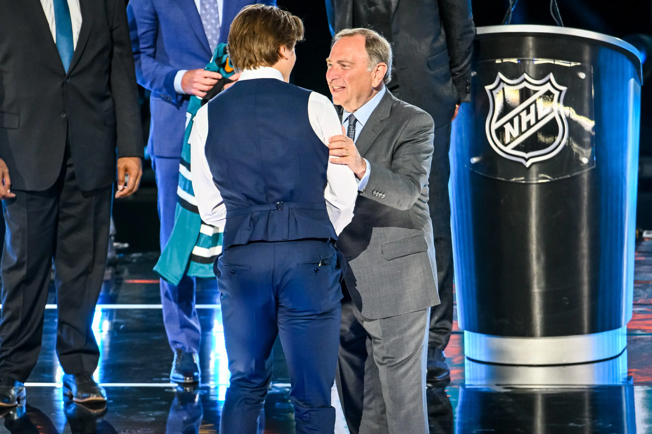 San Jose Sharks Macklin Celebrini greeted by NHL Commissioner Gary Bettman