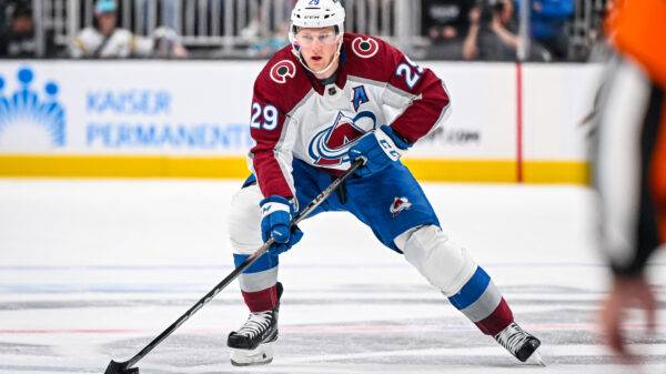 Colorado Avalanche forward Nathan MacKinnon skating against the San Jose Sharks,