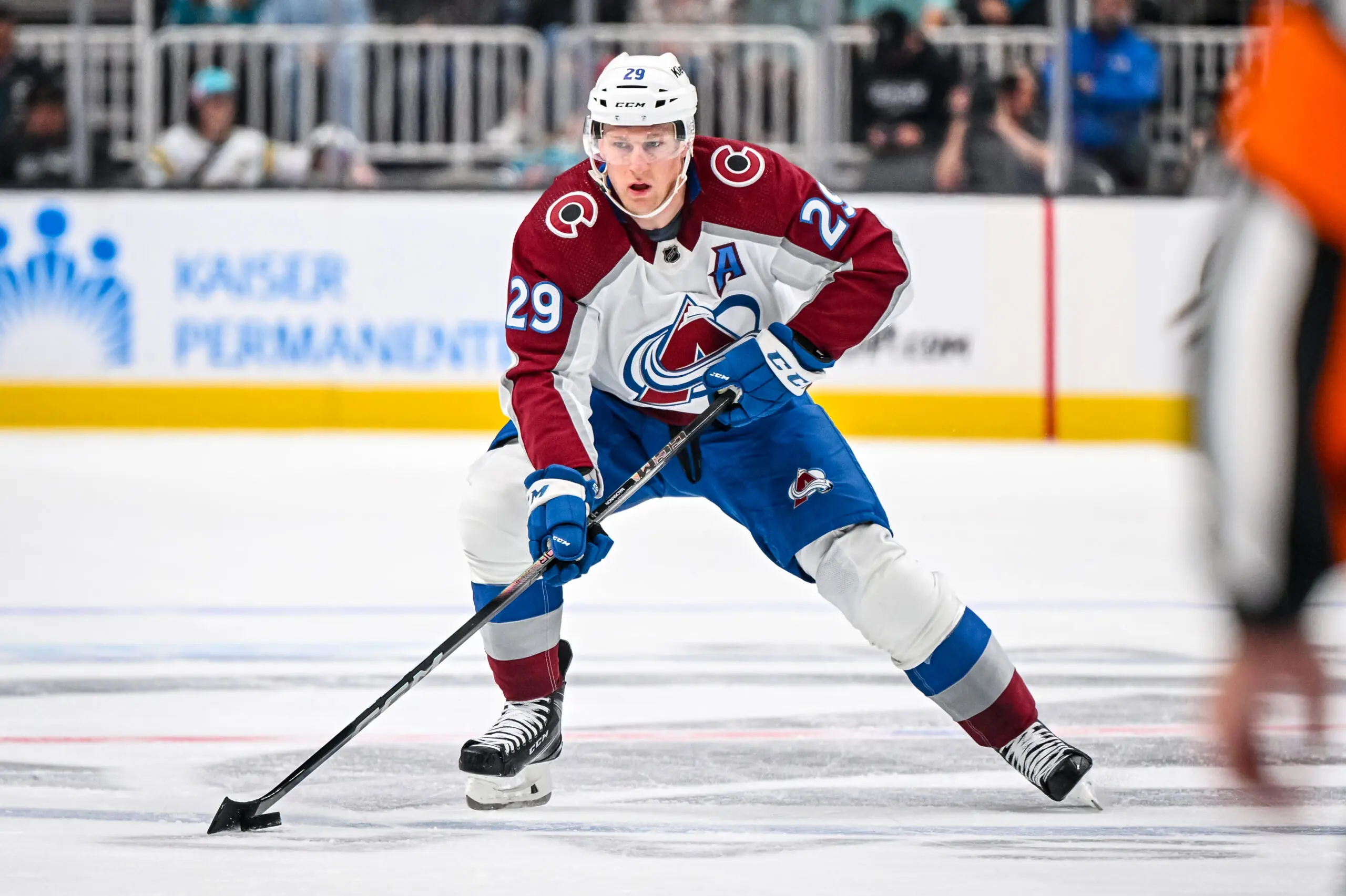 Colorado Avalanche forward Nathan MacKinnon skating against the San Jose Sharks,