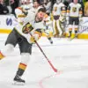 Former San Jose Sharks center Tomas Hertl skating in warmups with the Vegas Golden Knights.