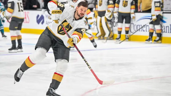 Former San Jose Sharks center Tomas Hertl skating in warmups with the Vegas Golden Knights.