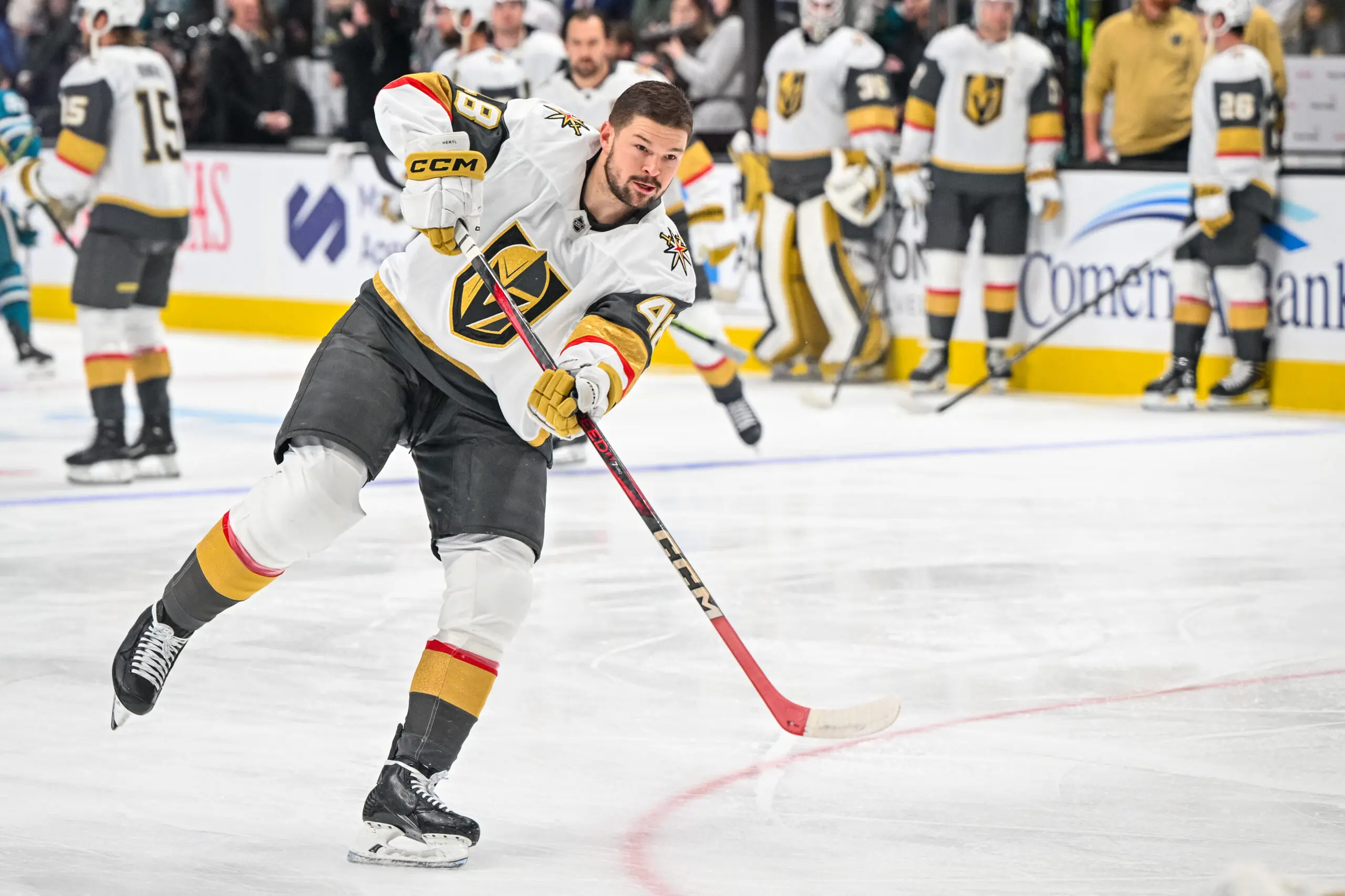 Former San Jose Sharks center Tomas Hertl skating in warmups with the Vegas Golden Knights.