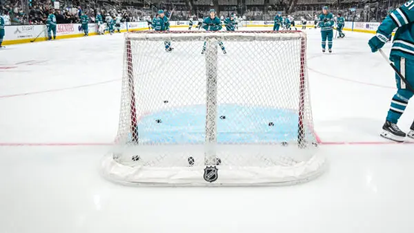 San Jose Sharks participate in warmups before a game against the Seattle Kraken