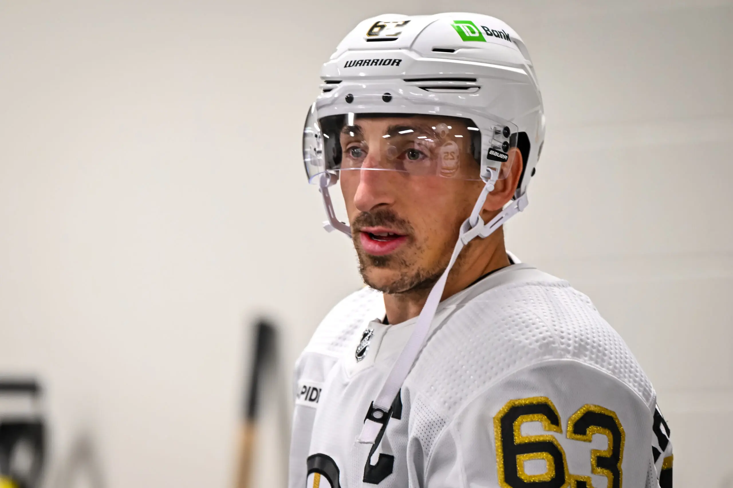 Florida Panthers forward Brad Marchand preparing to play against the San Jose Sharks.