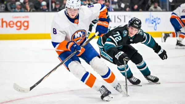 New York Islanders defenseman Noah Dobson skates against the San Jose Sharks.