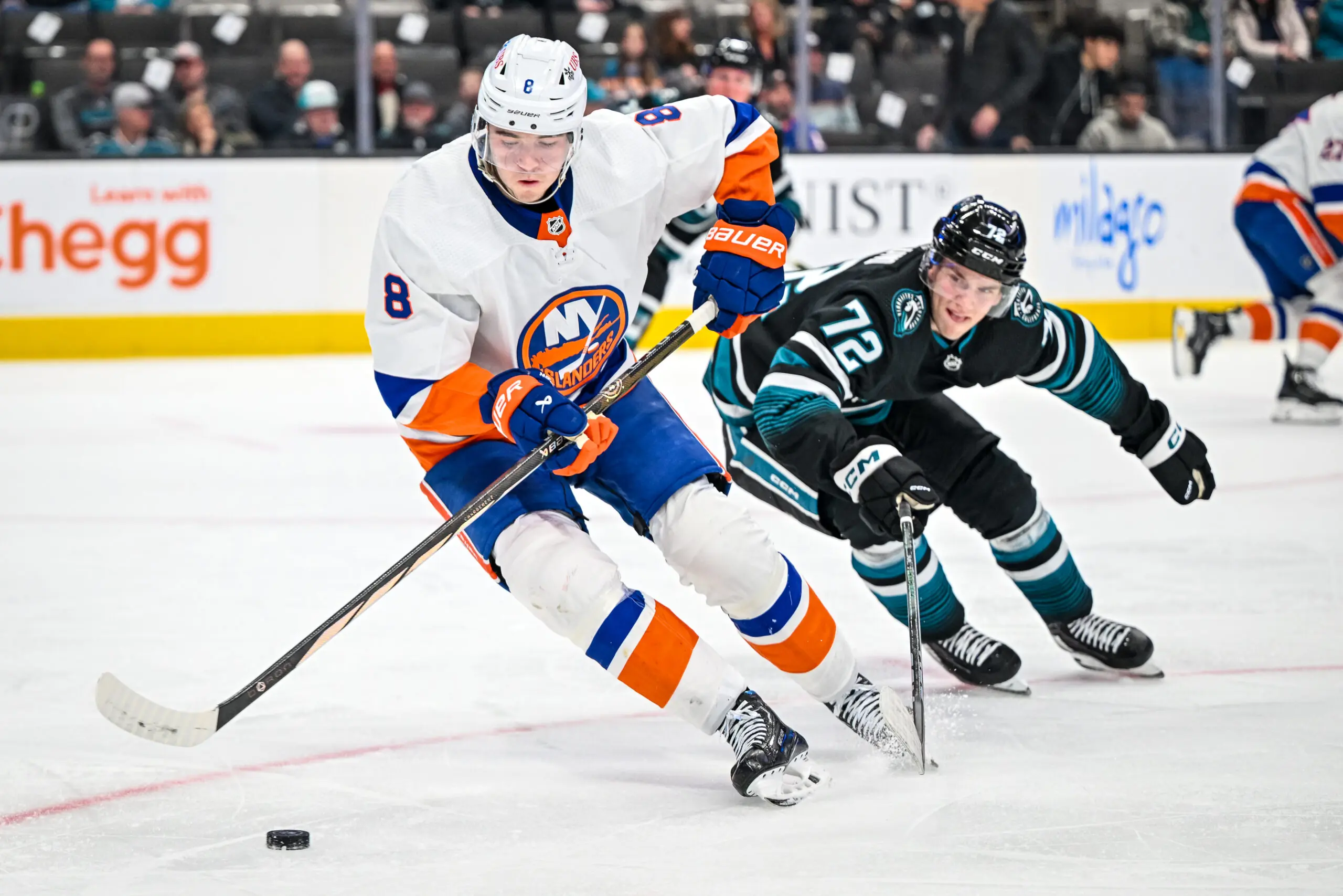 New York Islanders defenseman Noah Dobson skates against the San Jose Sharks.