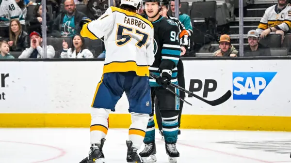 Dante Fabbro skates against the San Jose Sharks in 2024.
