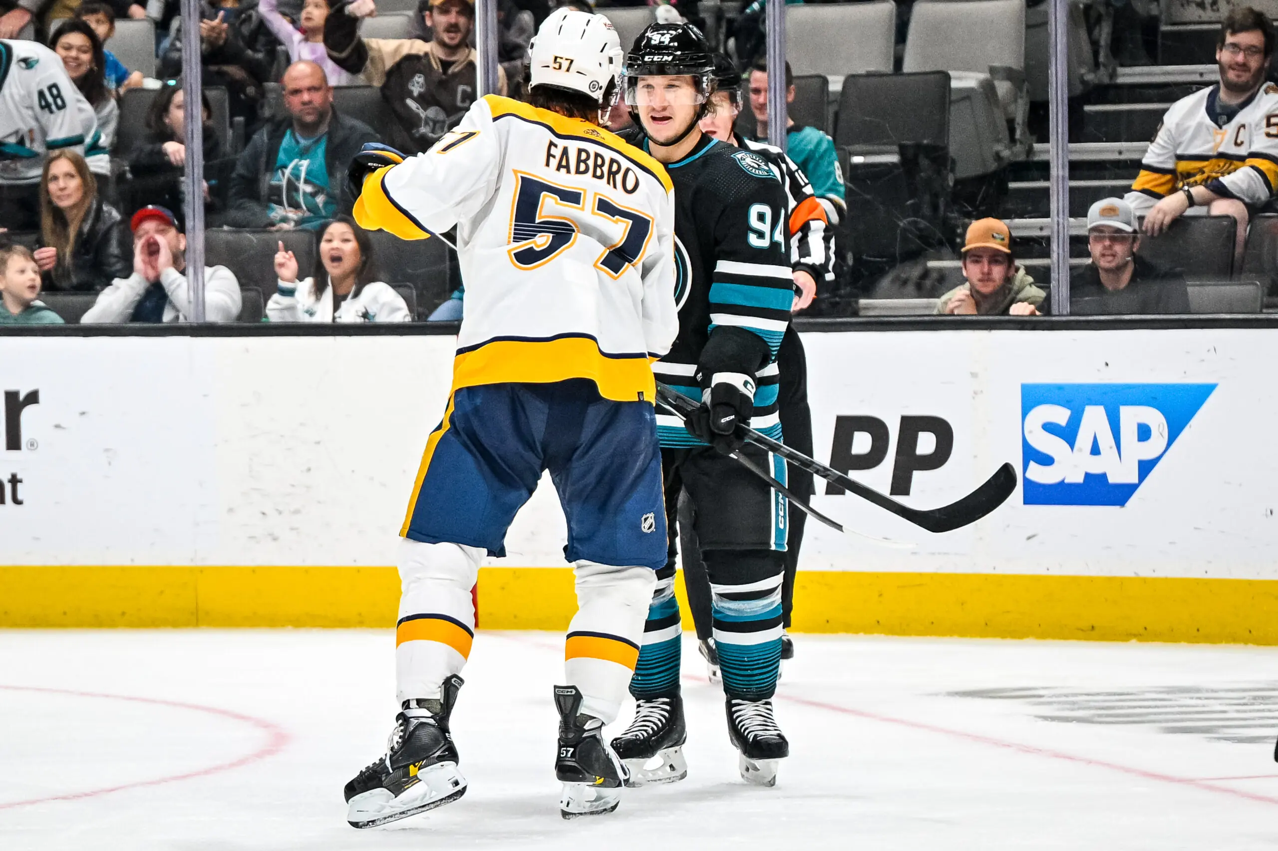 Dante Fabbro skates against the San Jose Sharks in 2024.