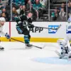 San Jose Sharks Macklin Celebrini shoots against the Tampa Bay Lightning.