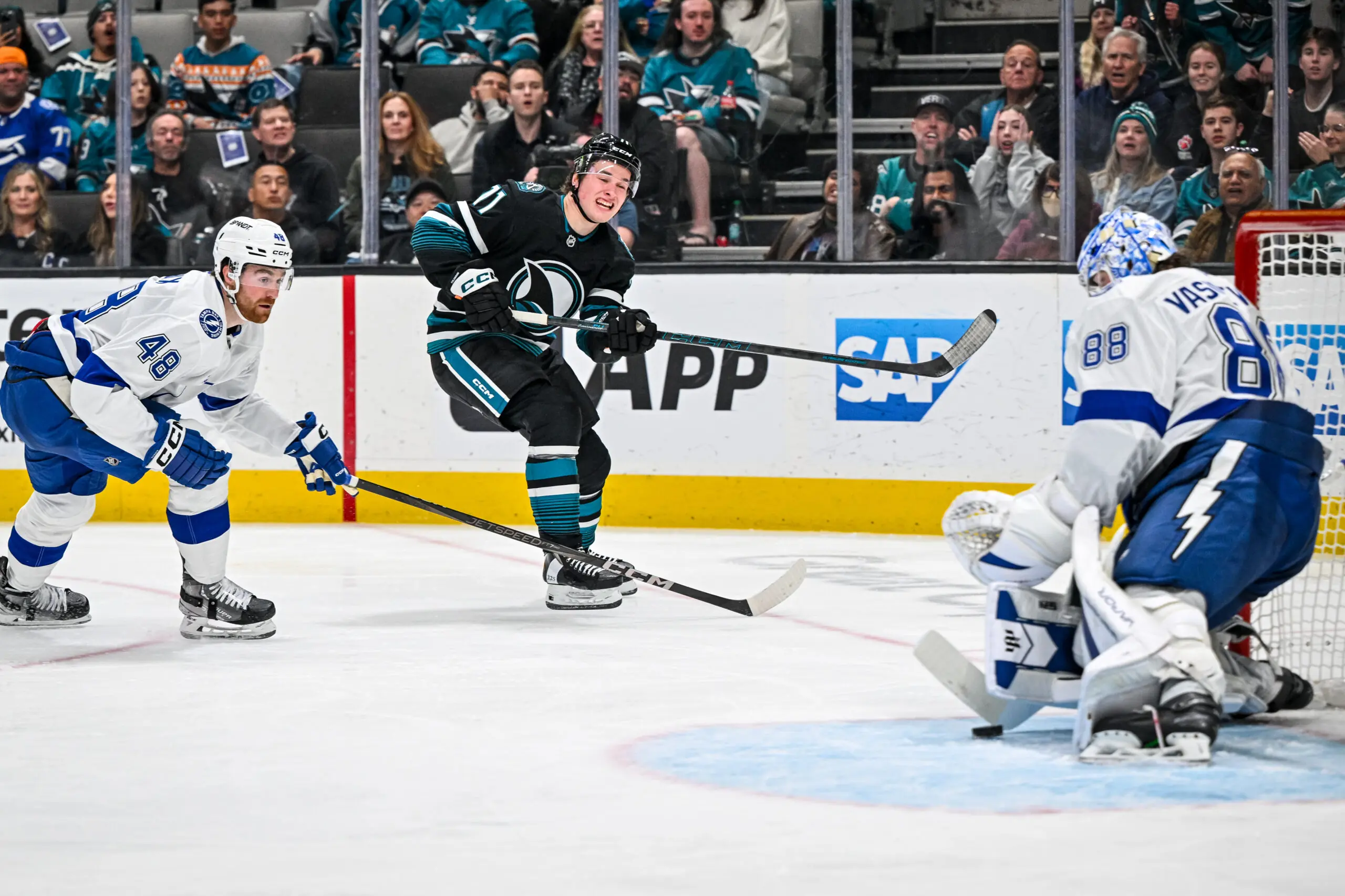 San Jose Sharks Macklin Celebrini shoots against the Tampa Bay Lightning.