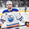Edmonton Oilers defenseman warms up against his former team the San Jose Sharks.