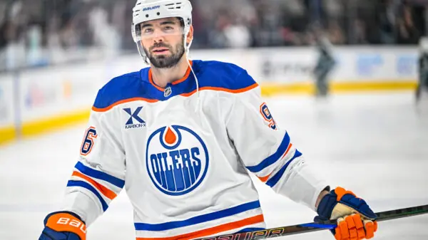 Edmonton Oilers defenseman warms up against his former team the San Jose Sharks.