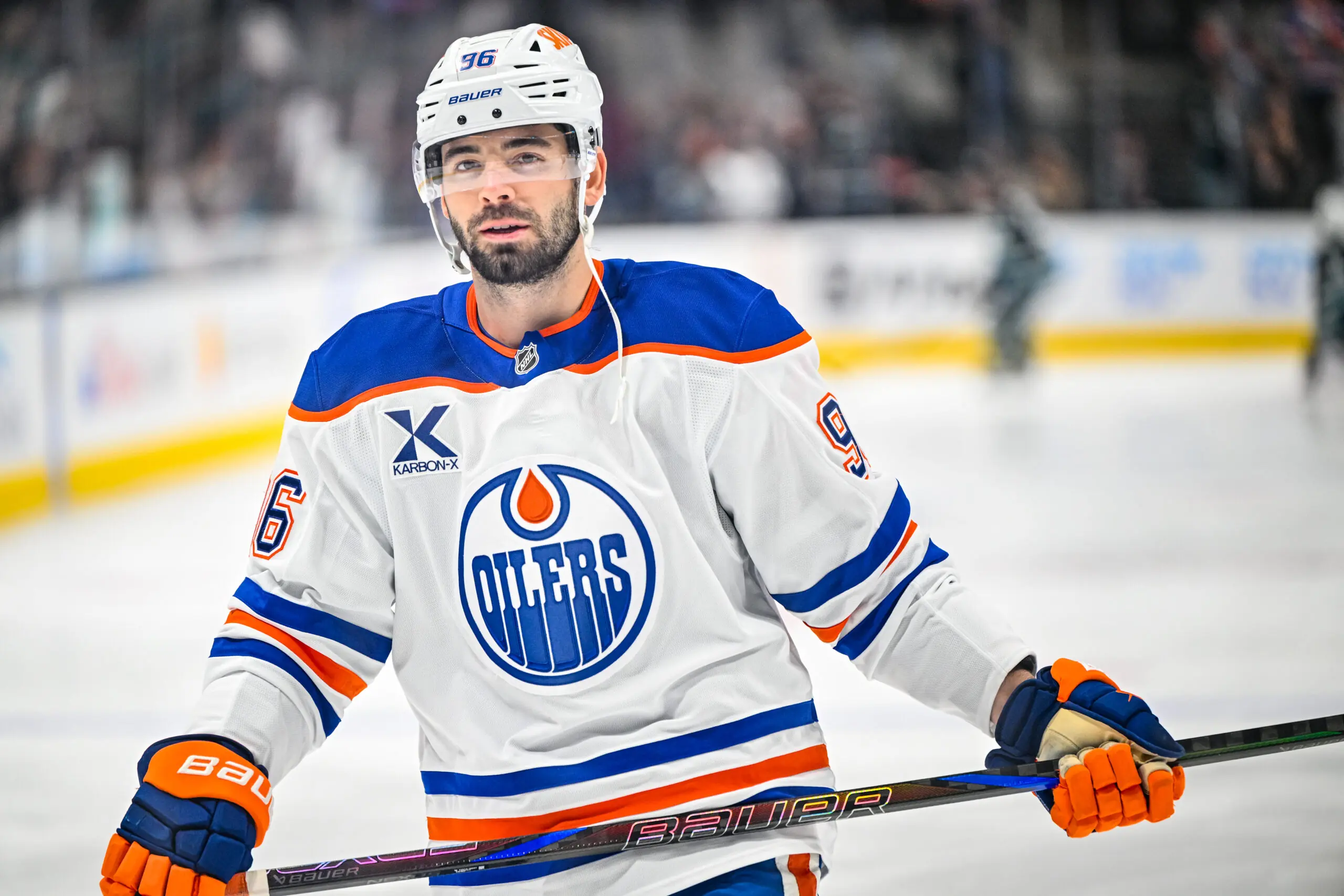 Edmonton Oilers defenseman warms up against his former team the San Jose Sharks.