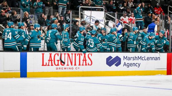 San Jose Sharks bench celebrates a goal.