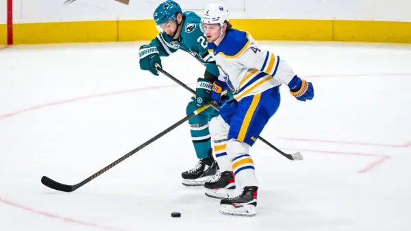 Buffalo Sabres defenseman Bowen Byram skates against the San Jose Sharks