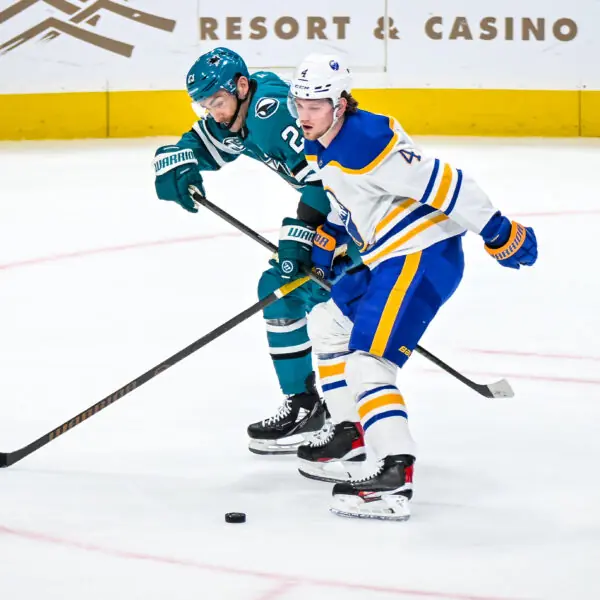 Buffalo Sabres defenseman Bowen Byram skates against the San Jose Sharks
