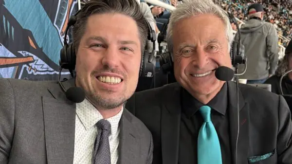 San Jose Sharks broadcaster Randy Hahn and Logan Couture.