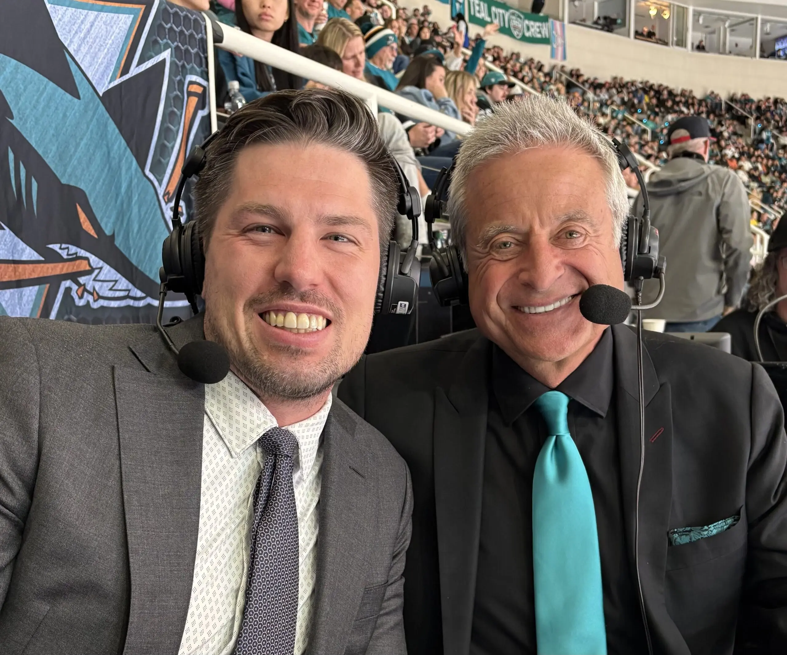 San Jose Sharks broadcaster Randy Hahn and Logan Couture.