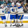 Bowen Byram and the Buffalo Sabres celebrate a goal against the San Jose Sharks.