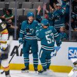 San Jose Sharks players Sam Dickinson and Jeff Skinner