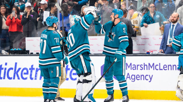 San Jose Sharks players celebrate after a win