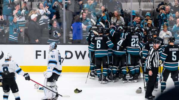 San Jose Sharks celebrate their win over the Utah Mammoth