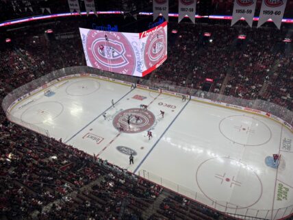 San Jose Sharks and Montreal Canadiens lineup for the opening face-off of the second period.