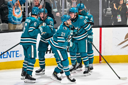 San Jose Sharks celebrate after Alexander Wennberg's game-winning goal.