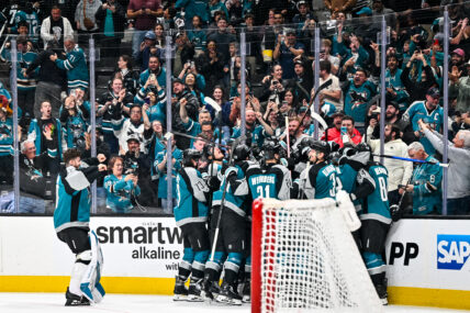 San Jose Sharks celebrate Michael Misa's overtime game-winning goal