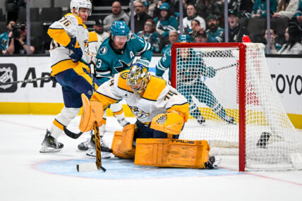 San Jose Sharks play offense against the Nashville Predators