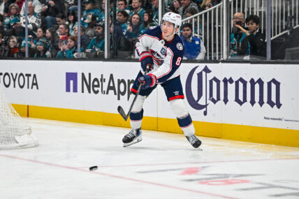 Columbus Blue Jackets defenseman Zach Werenski plays against the San Jose Sharks