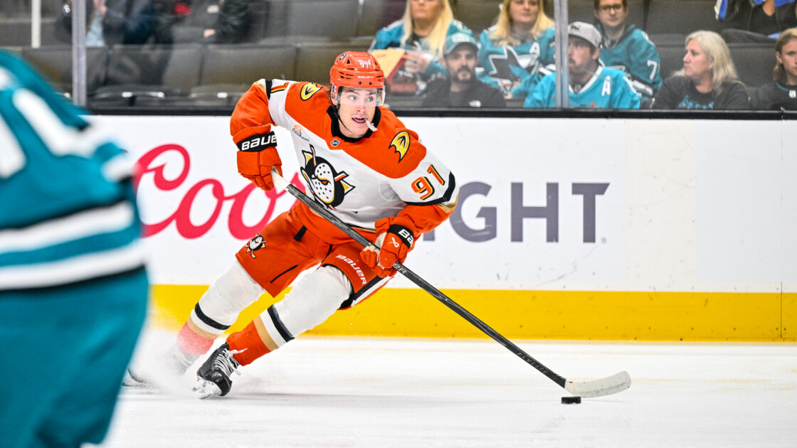 Anaheim Ducks forward Leo Carlsson against the San Jose Sharks