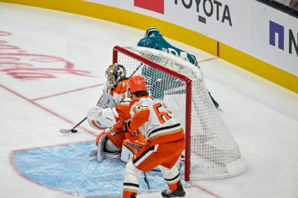 Jacob Trouba defending against the San Jose Sharks