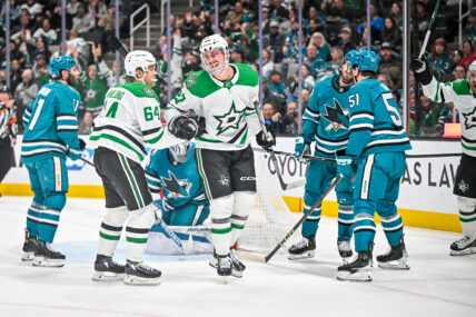Mason Marchment playing for the Dallas Stars against the San Jose Sharks