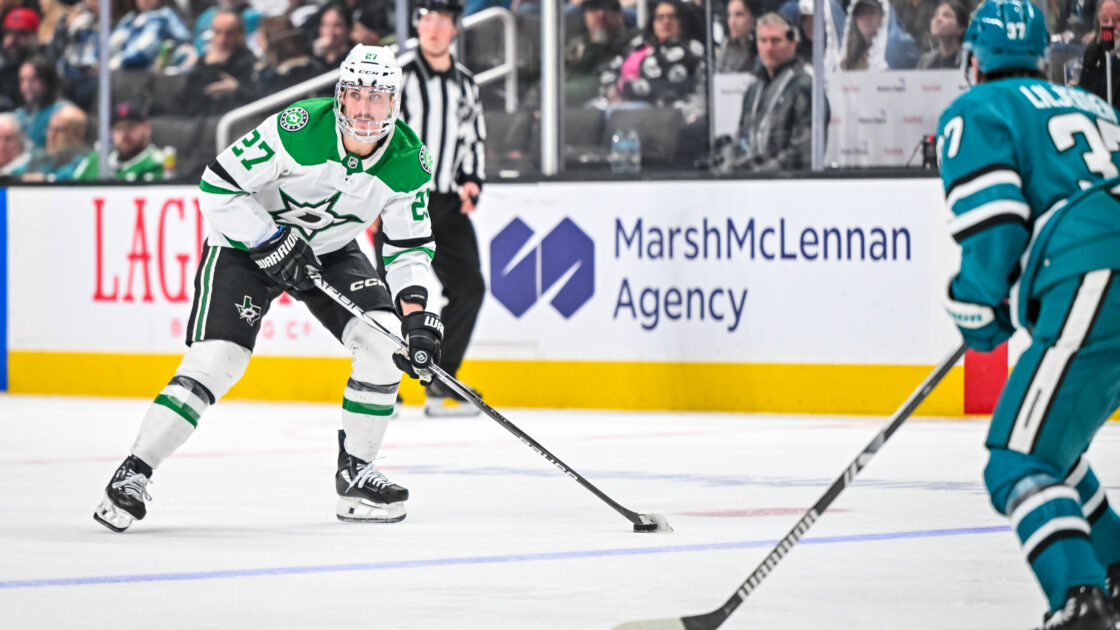 Mason Marchment skating against the San Jose Sharks
