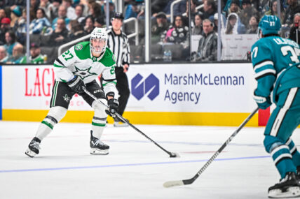 Mason Marchment skating against the San Jose Sharks