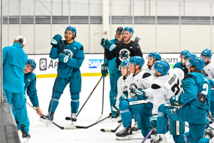 San Jose Sharks players look at drills