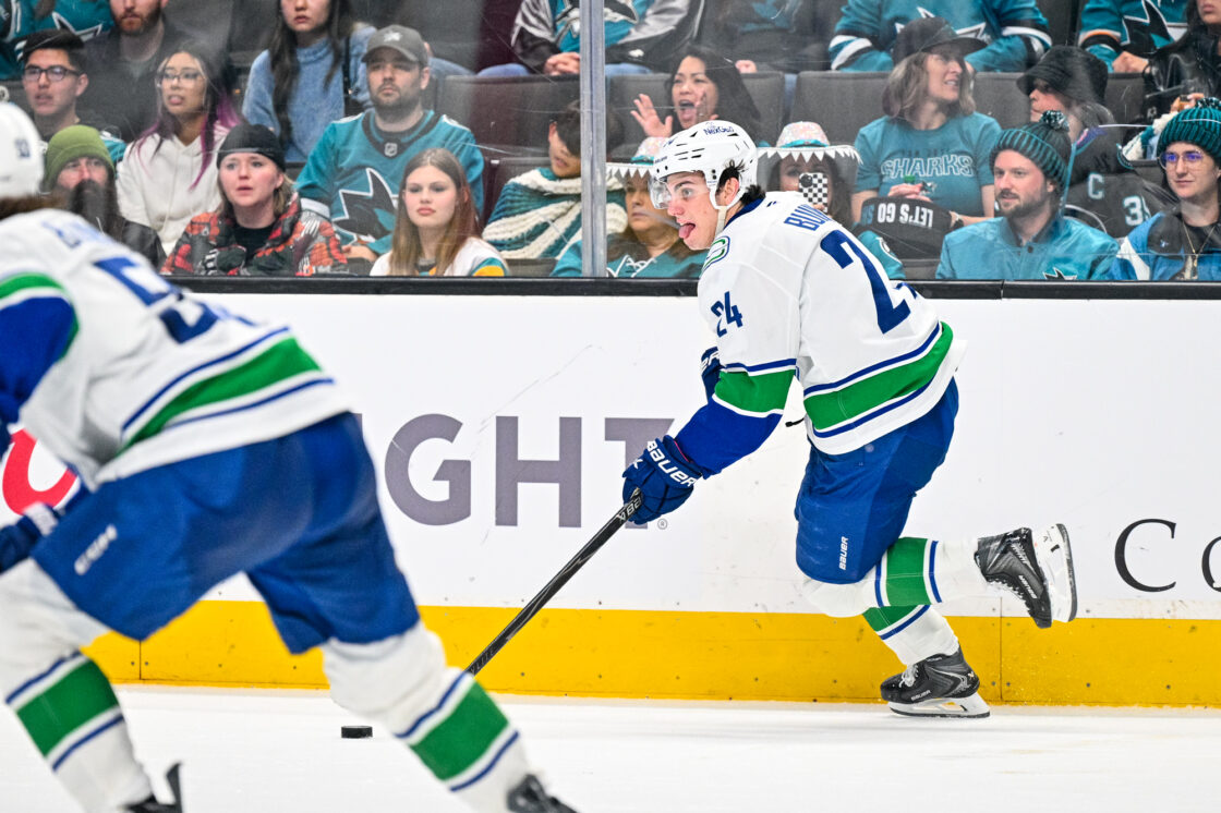Vancouver Canucks Zeev Buium against the San Jose Sharks