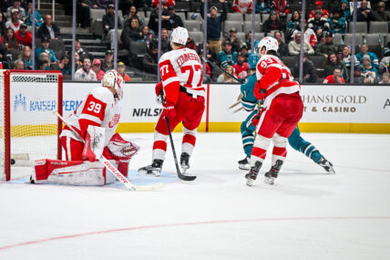 Detroit Red Wings d-man Simon Edvinsson against the San Jose Sharks