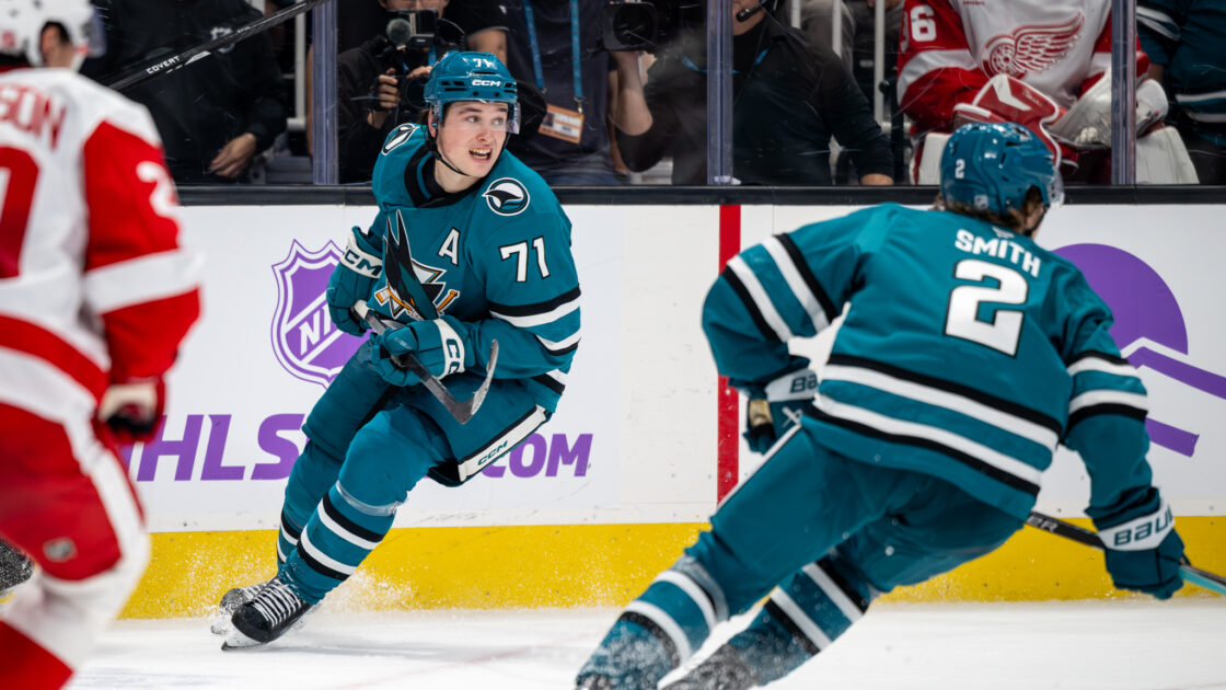 San Jose Sharks forwards Will Smith and Macklin Celebrini