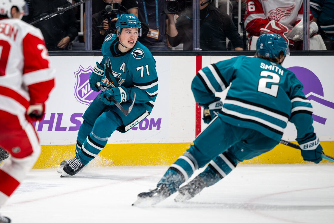 San Jose Sharks forwards Will Smith and Macklin Celebrini