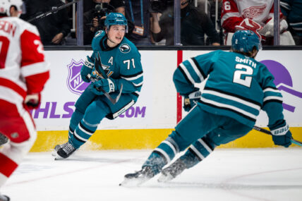 San Jose Sharks forwards Will Smith and Macklin Celebrini